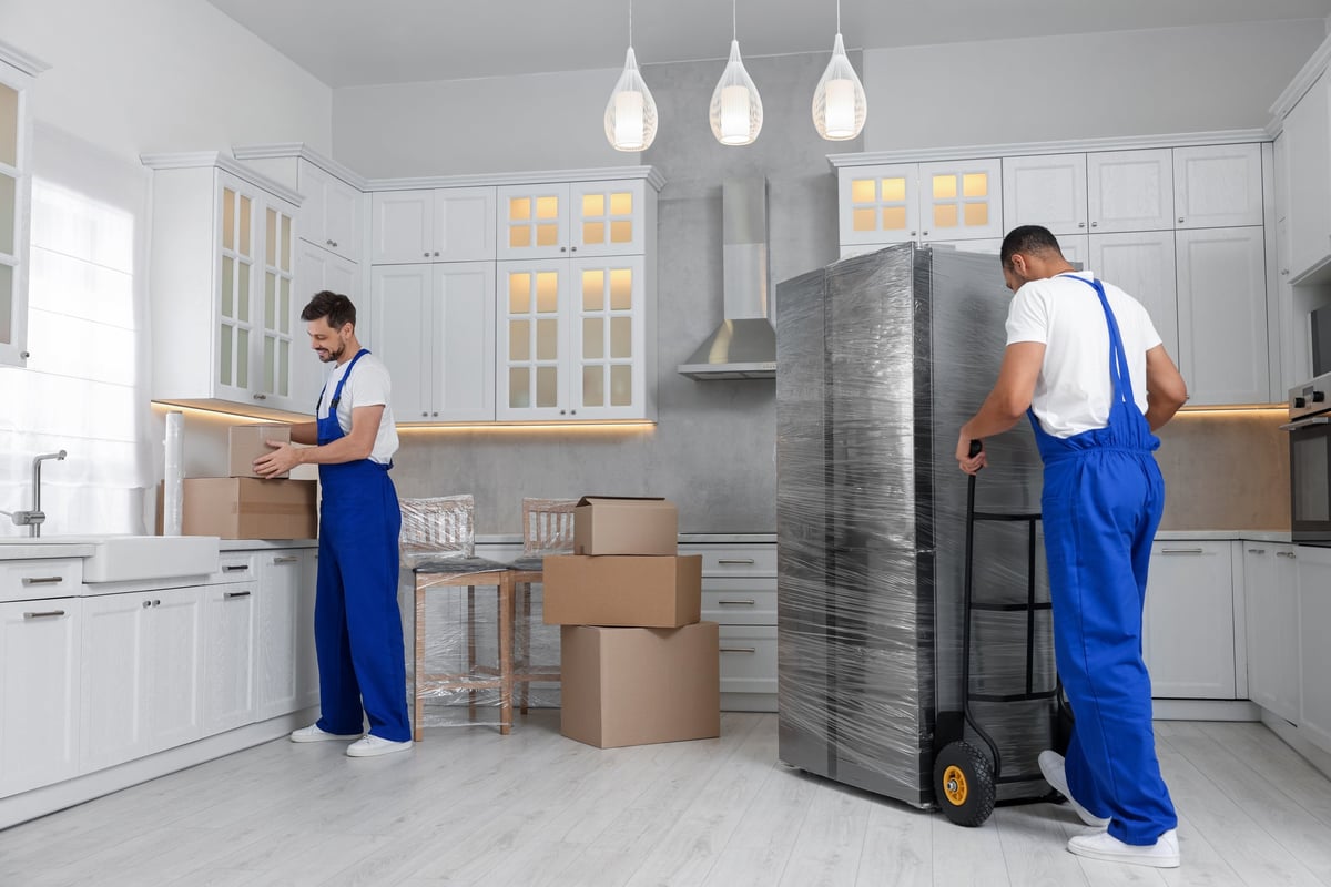 Movers carrying cardboard boxes and a refrigerator into a new house